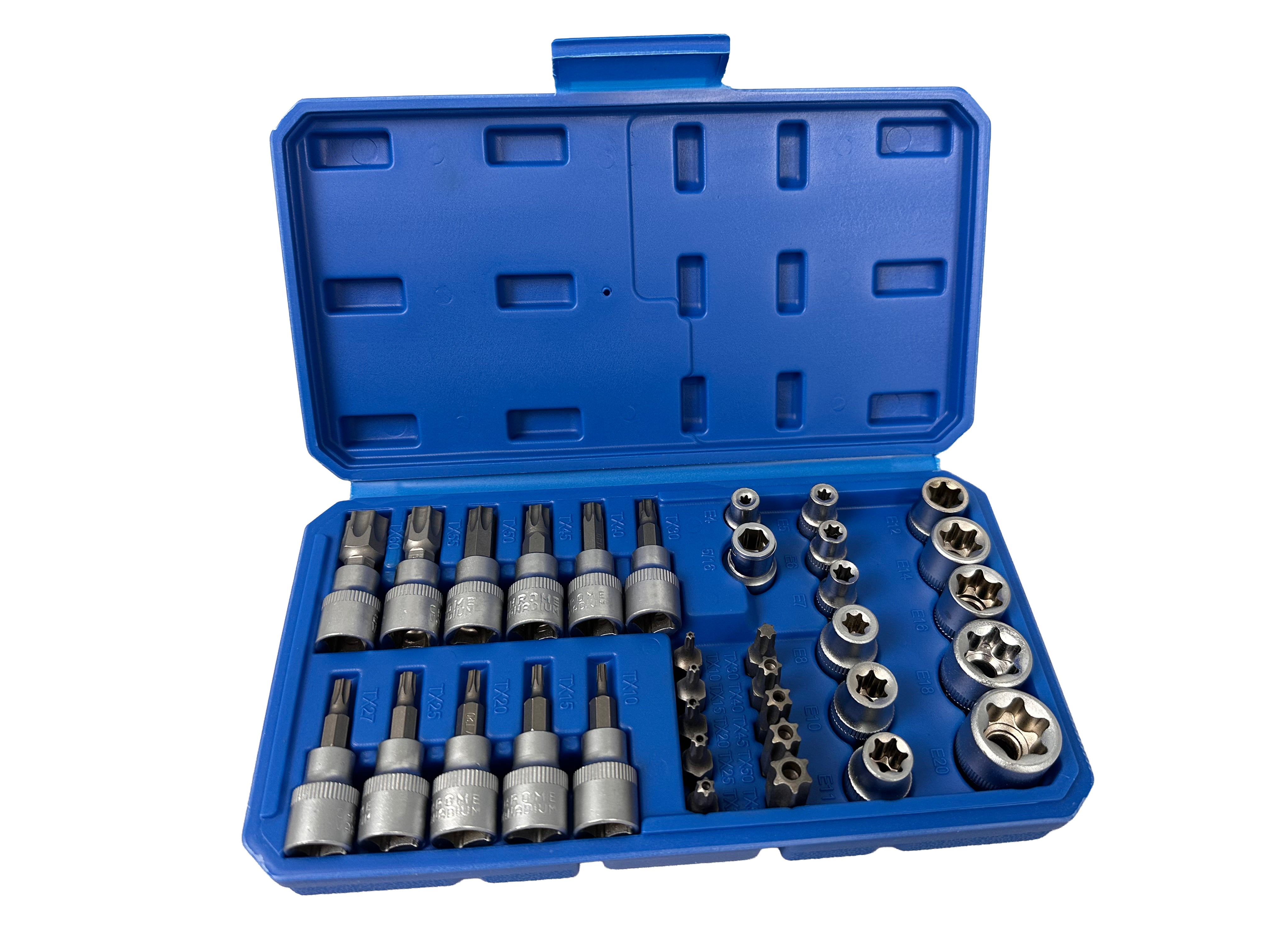 Sada nástrčných kľúčov, hlavíc a bitov profil E a Torx 3/8'', 34ks, T10 - T60, E3 - E20, Gebo Tools