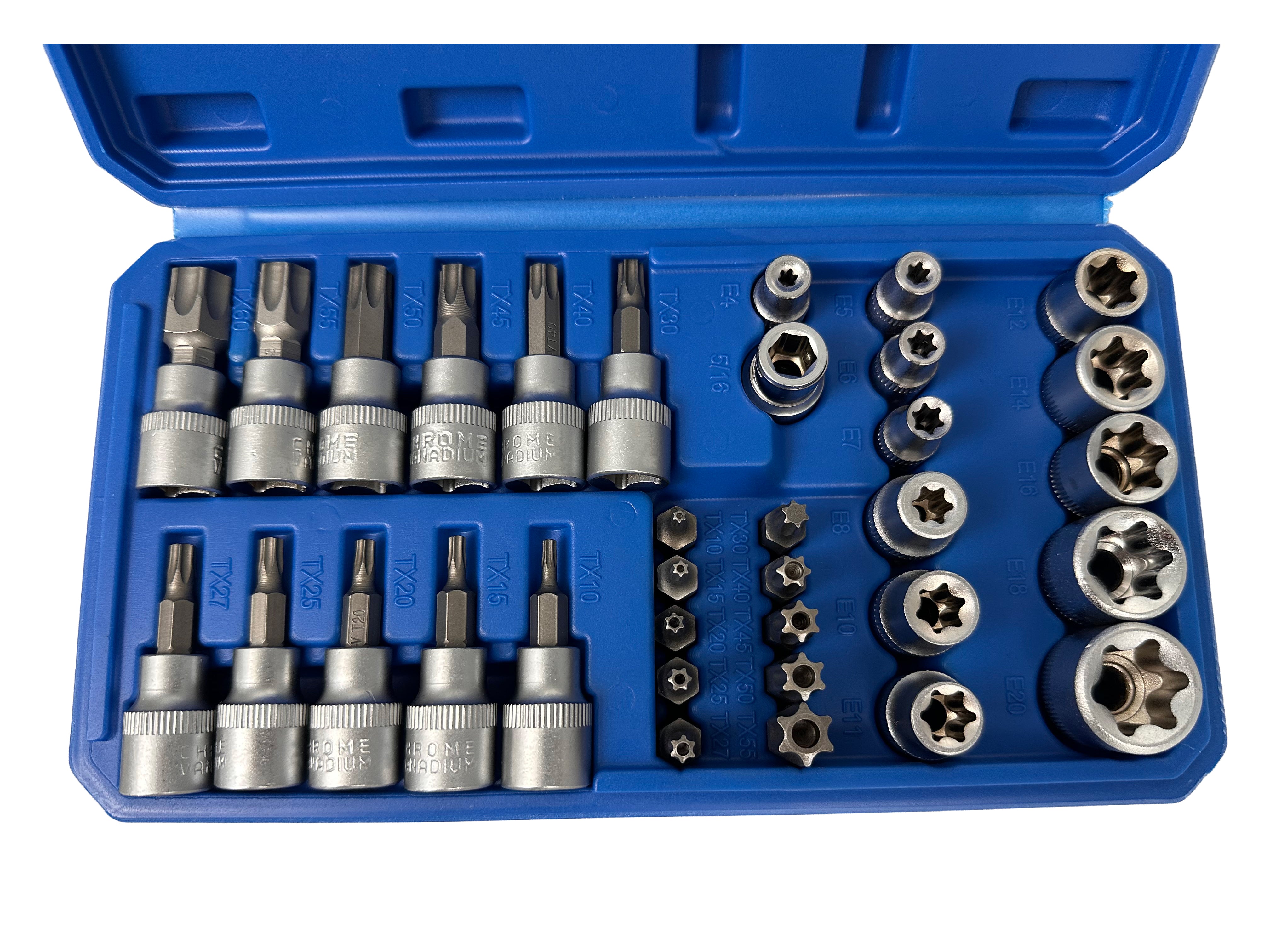 Sada nástrčných kľúčov, hlavíc a bitov profil E a Torx 3/8'', 34ks, T10 - T60, E3 - E20, Gebo Tools
