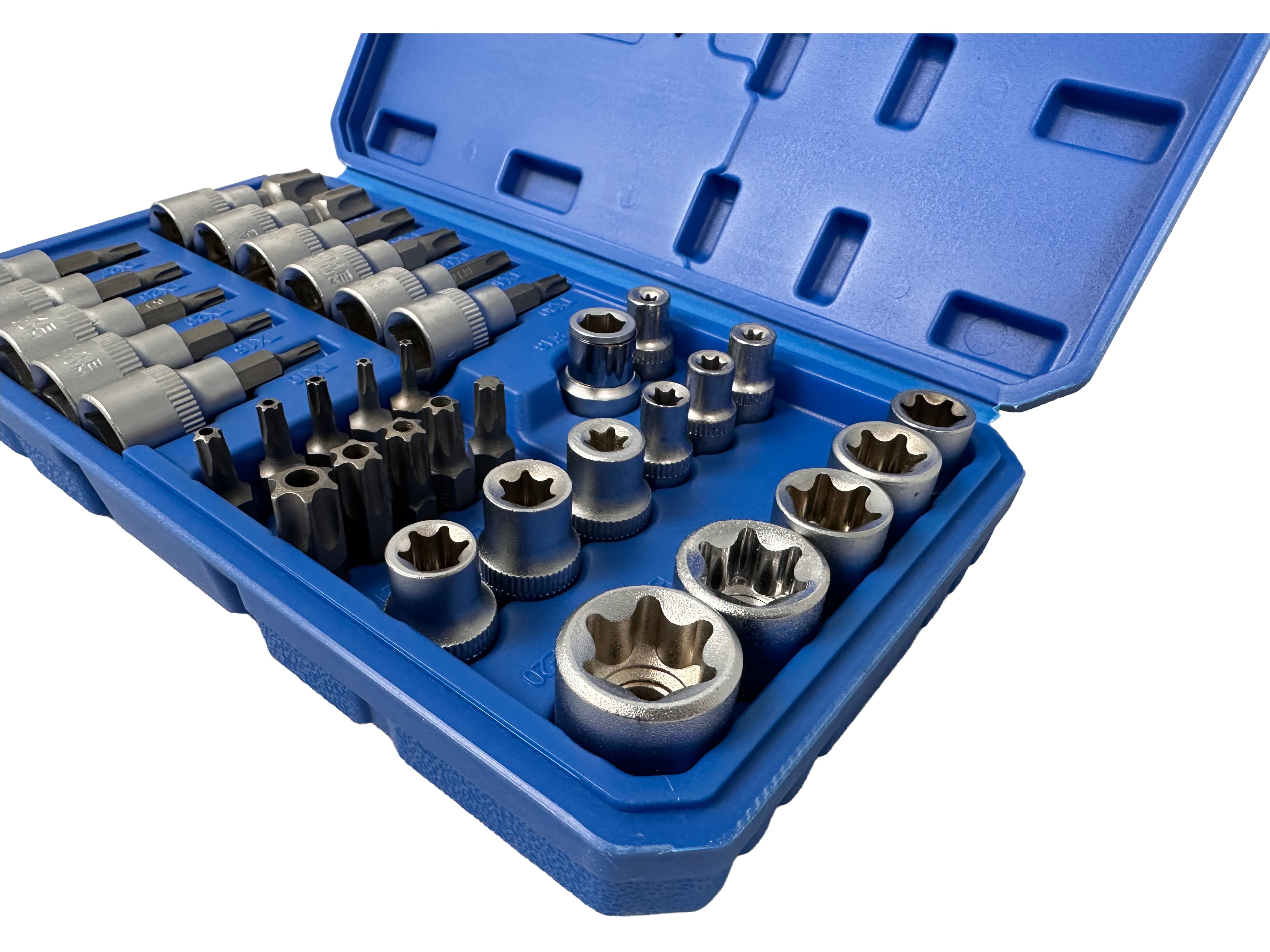 Sada nástrčných kľúčov, hlavíc a bitov profil E a Torx 3/8'', 34ks, T10 - T60, E3 - E20, Gebo Tools