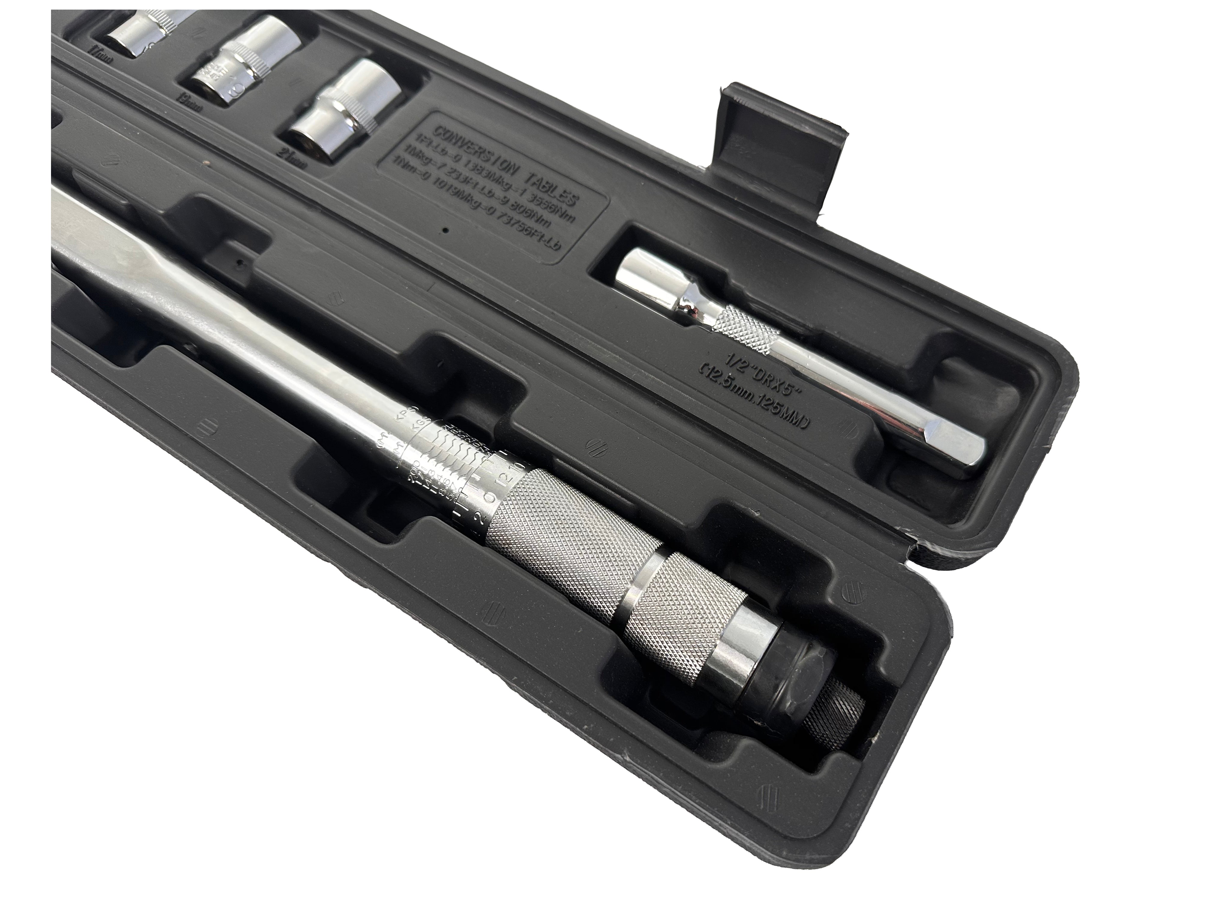 Momentový kľúč 1/2'', 28 - 210Nm, so sadou hlavíc 1/2'' 17, 19, 21mm a predlžovacím nadstavcom 1/2'' Gebo Tools