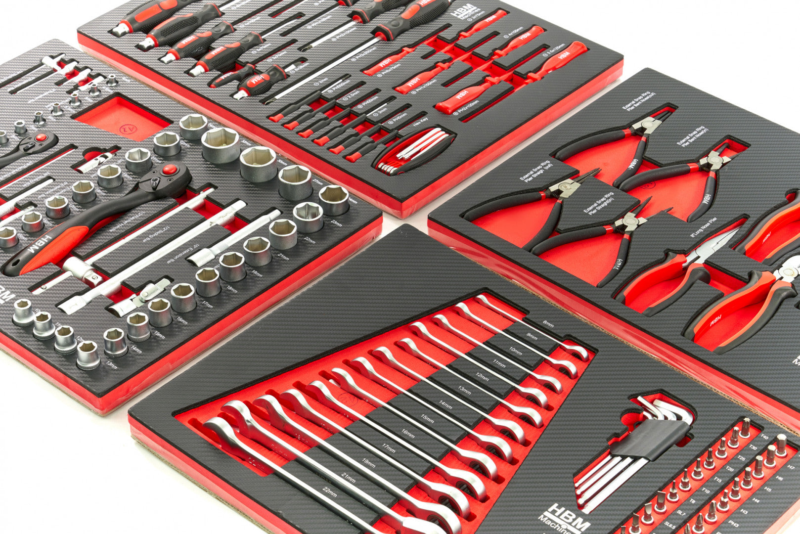 Sada náradia do zásuvky - 4 vložky, 154 dielov, rozmery: 39 × 54,5cm HBM Machines Holandsko