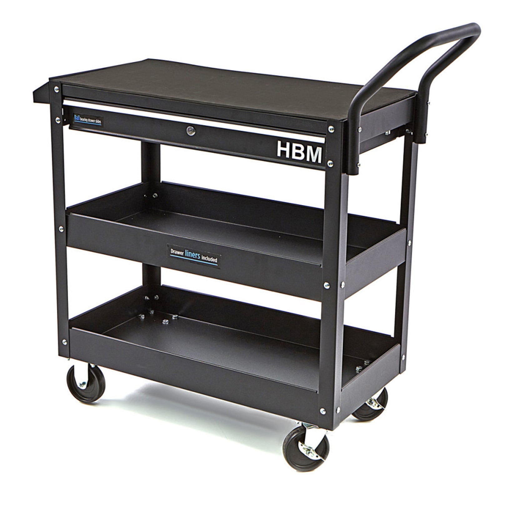 Dielenský vozík, 3 police, zásuvka, čierny HBM
