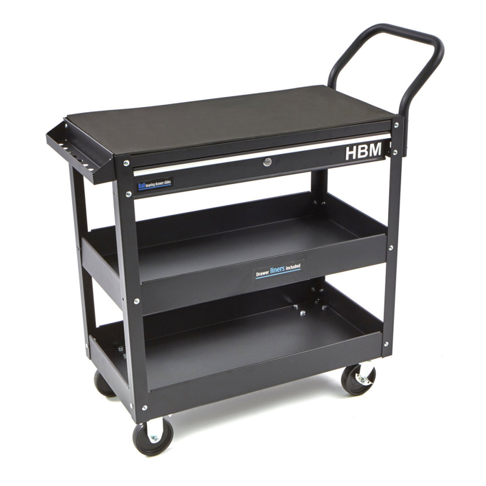 Dielenský vozík, 3 police, zásuvka, čierny HBM