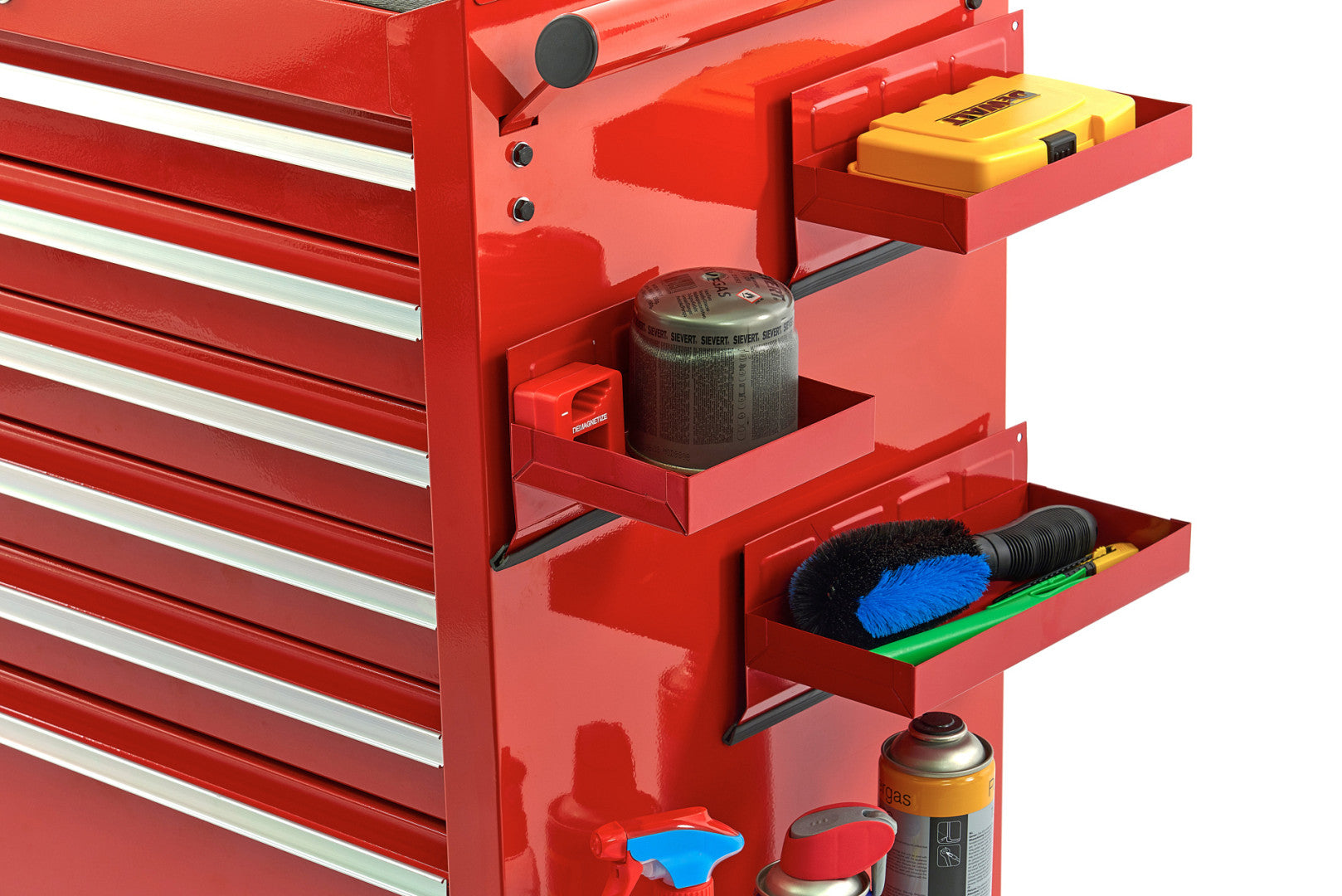 Sada 4 magnetických políc na skrinku na náradie, červená