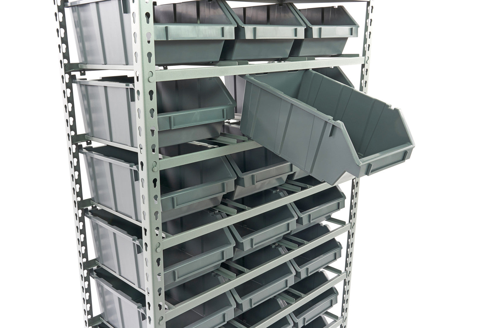 Kovový regál s 24 boxmi