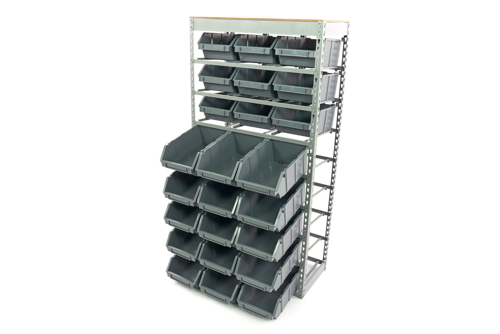 Kovový regál s 24 boxmi