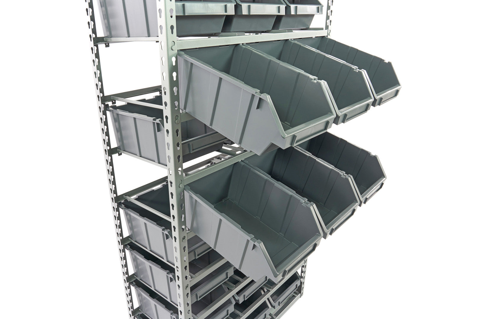 Kovový regál s 24 boxmi