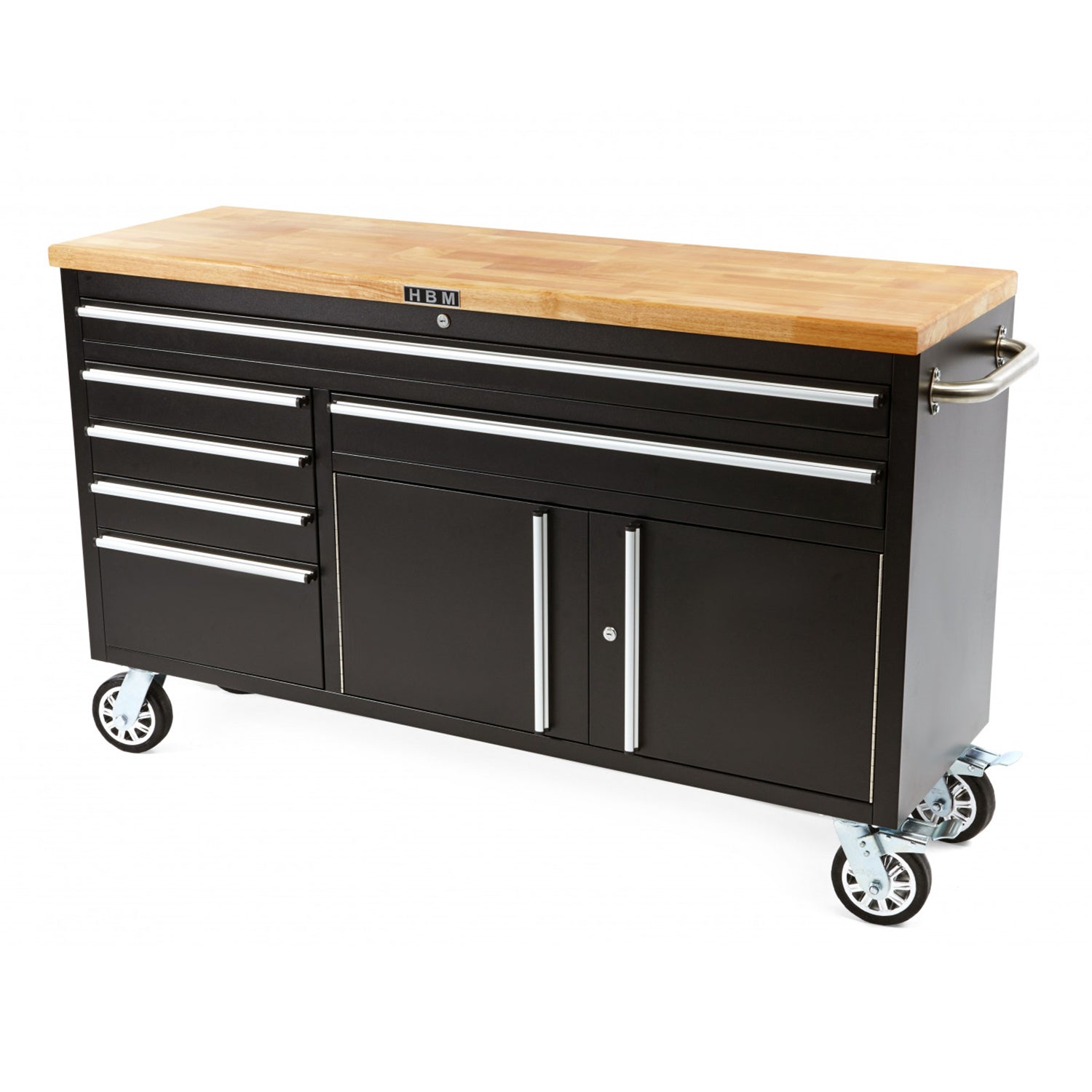 Dielenská kovová skrinka - vozík - pracovný stôl 152cm, masívna drevená pracovná doska HBM