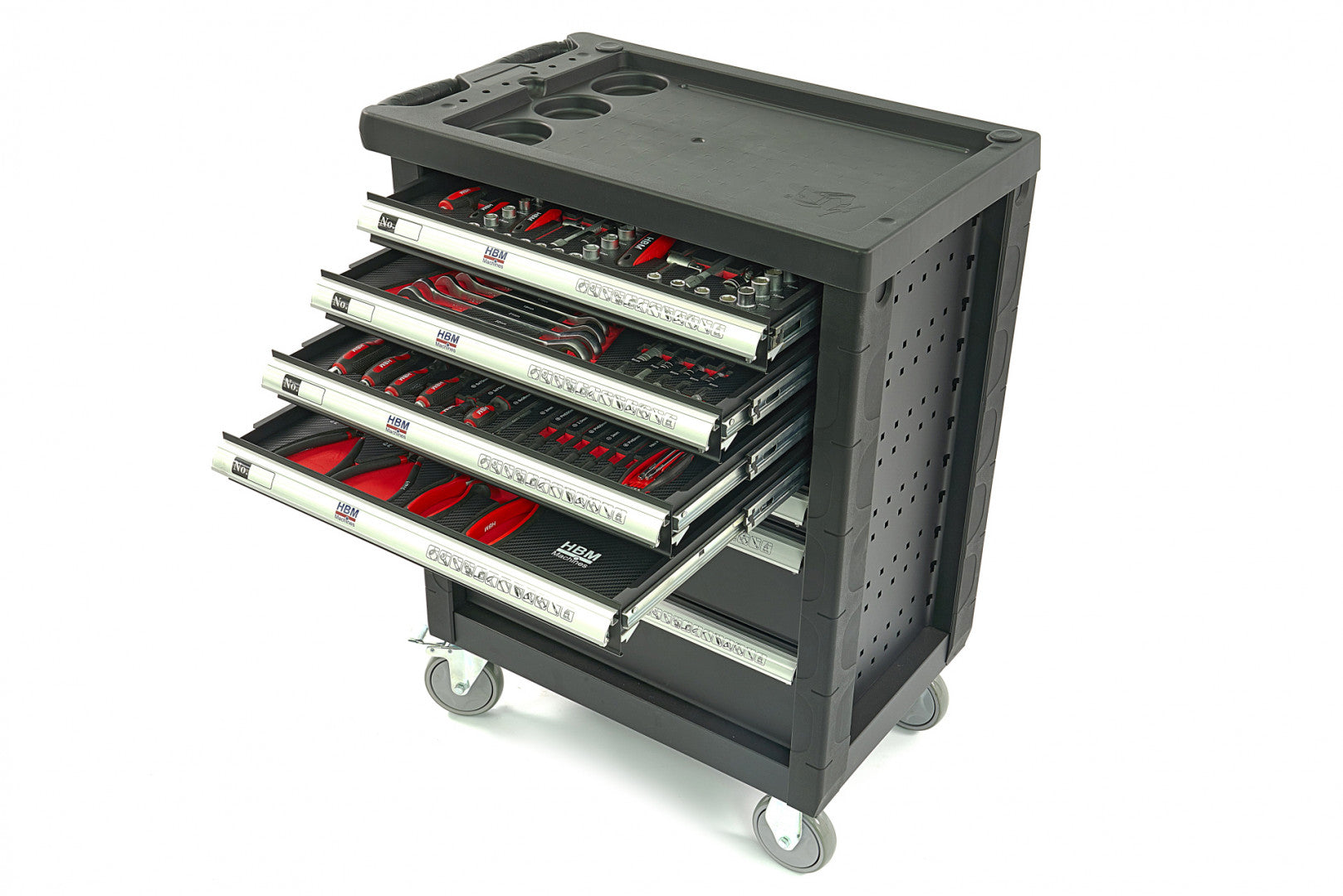 Profesionálna skrinka - dielenský vozík s náradím, so 7 zásuvkami, 154ks náradia, 4 vložky carbon - premium, HBM Holandsko