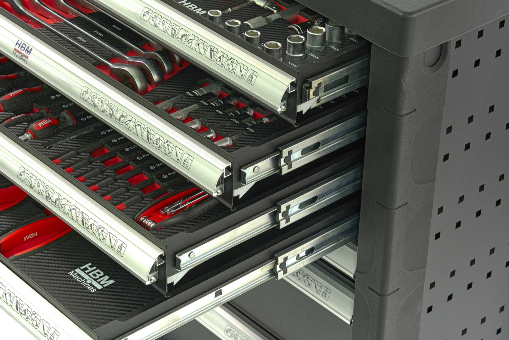 Profesionálna skrinka - dielenský vozík s náradím, so 7 zásuvkami, 154ks náradia, 4 vložky carbon - premium, HBM Holandsko