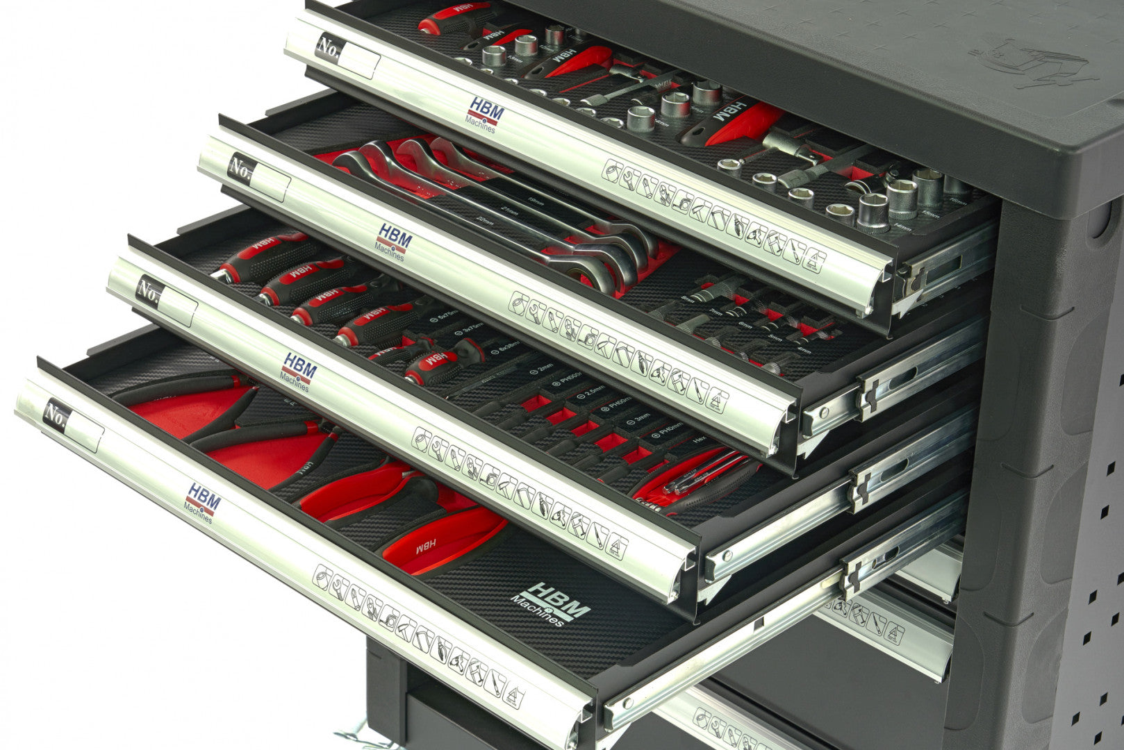 Profesionálna skrinka - dielenský vozík s náradím, so 7 zásuvkami, 154ks náradia, 4 vložky carbon - premium, HBM Holandsko