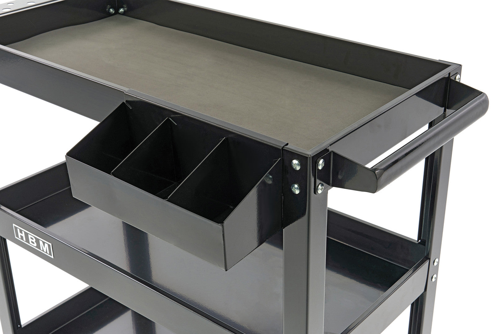 Mobilný montážny vozík s 3 policami, držiakom na skrutkovače a spreje