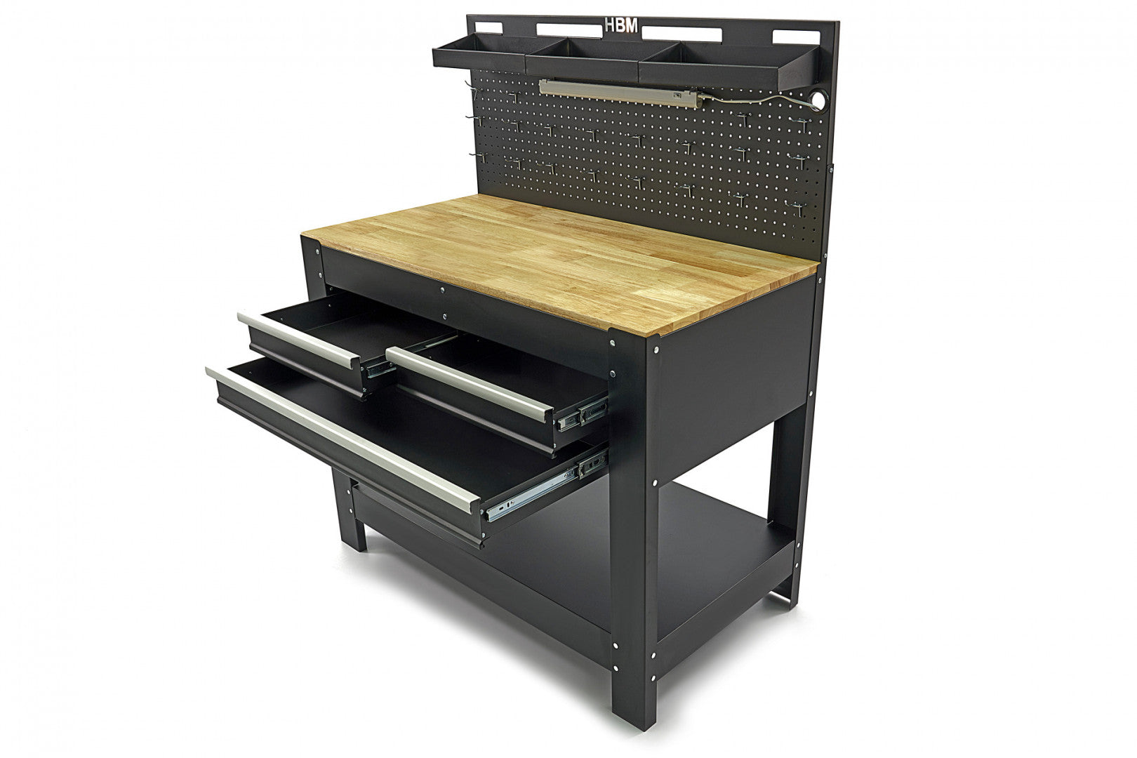 Profesionálny kovový pracovný stôl s 3 zásuvkami, masívnou drevenou pracovnou doskou, LED osvetlením, 230V zásuvkami a USB portom, dĺžka 115cm