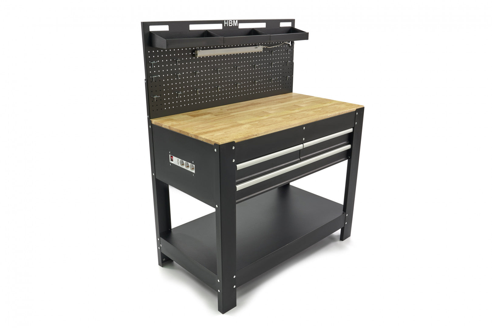 Profesionálny kovový pracovný stôl s 3 zásuvkami, masívnou drevenou pracovnou doskou, LED osvetlením, 230V zásuvkami a USB portom, dĺžka 115cm