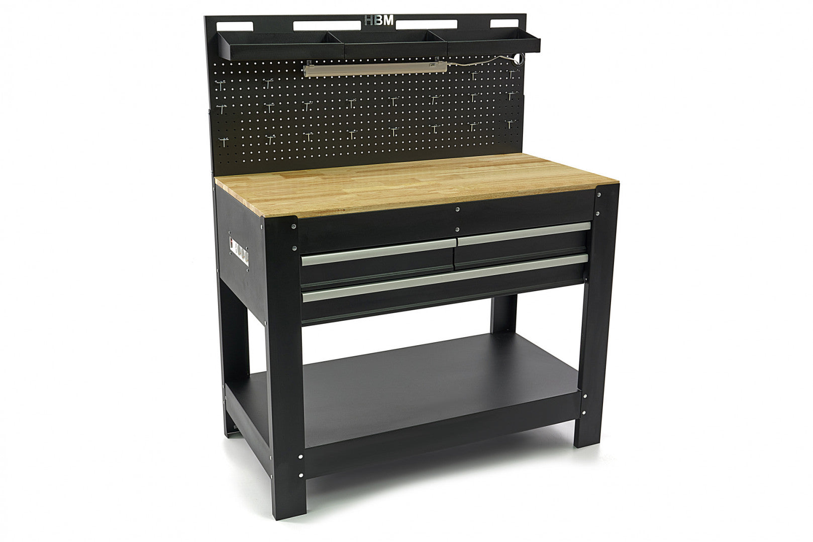 Profesionálny kovový pracovný stôl s 3 zásuvkami, masívnou drevenou pracovnou doskou, LED osvetlením, 230V zásuvkami a USB portom, dĺžka 115cm