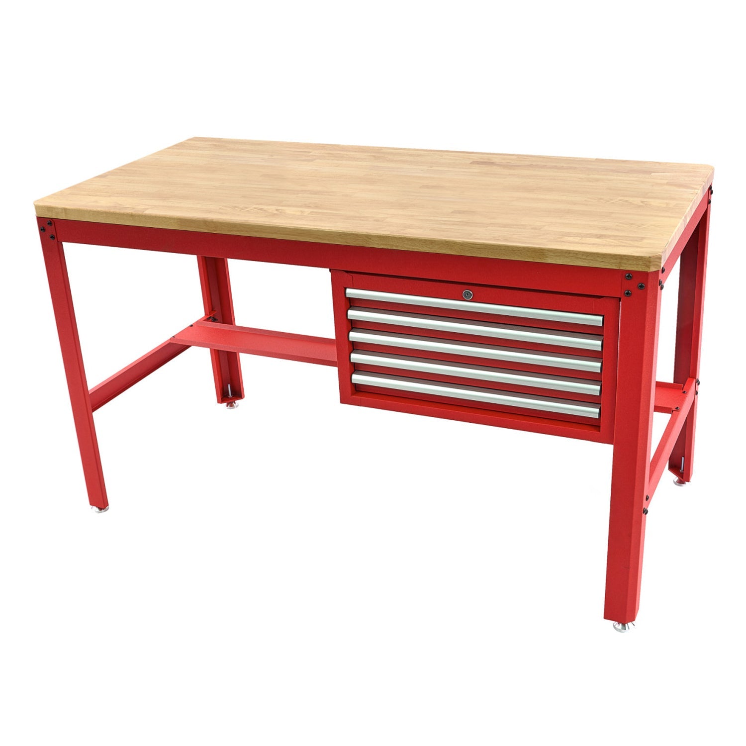 Profesionálny kovový pracovný stôl s 5 zásuvkami a drevenou pracovnou doskou, 155cm, červený