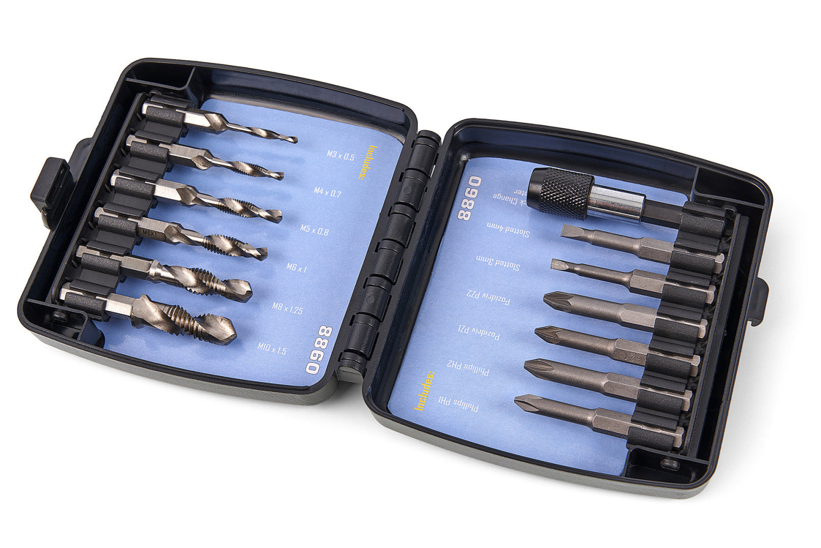 Sada 14 vrtákov, závitníkov a bitov