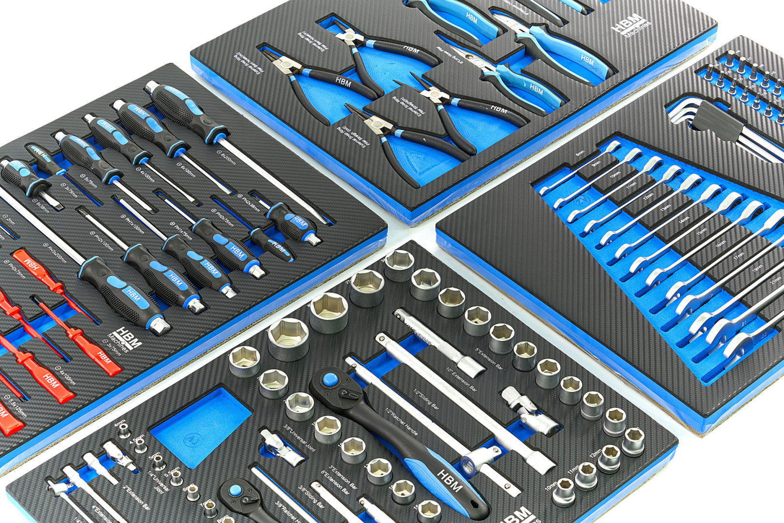 Sada 4ks vložiek s náradím do zásuvky - 154 dielov, modrá verzia