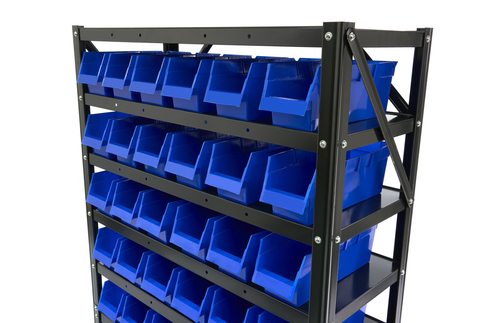 Kovový regál so 60 boxmi