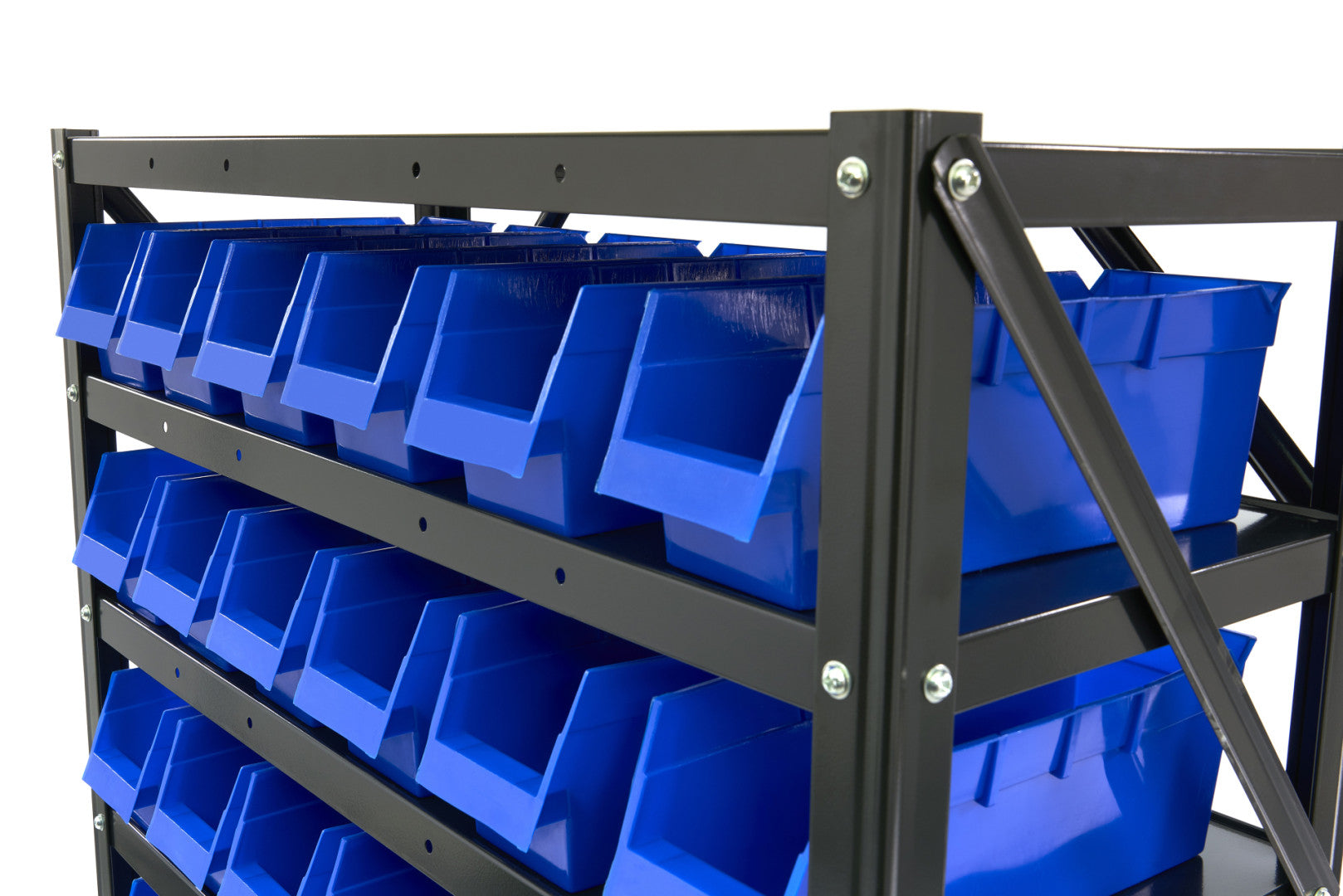 Kovový regál so 60 boxmi