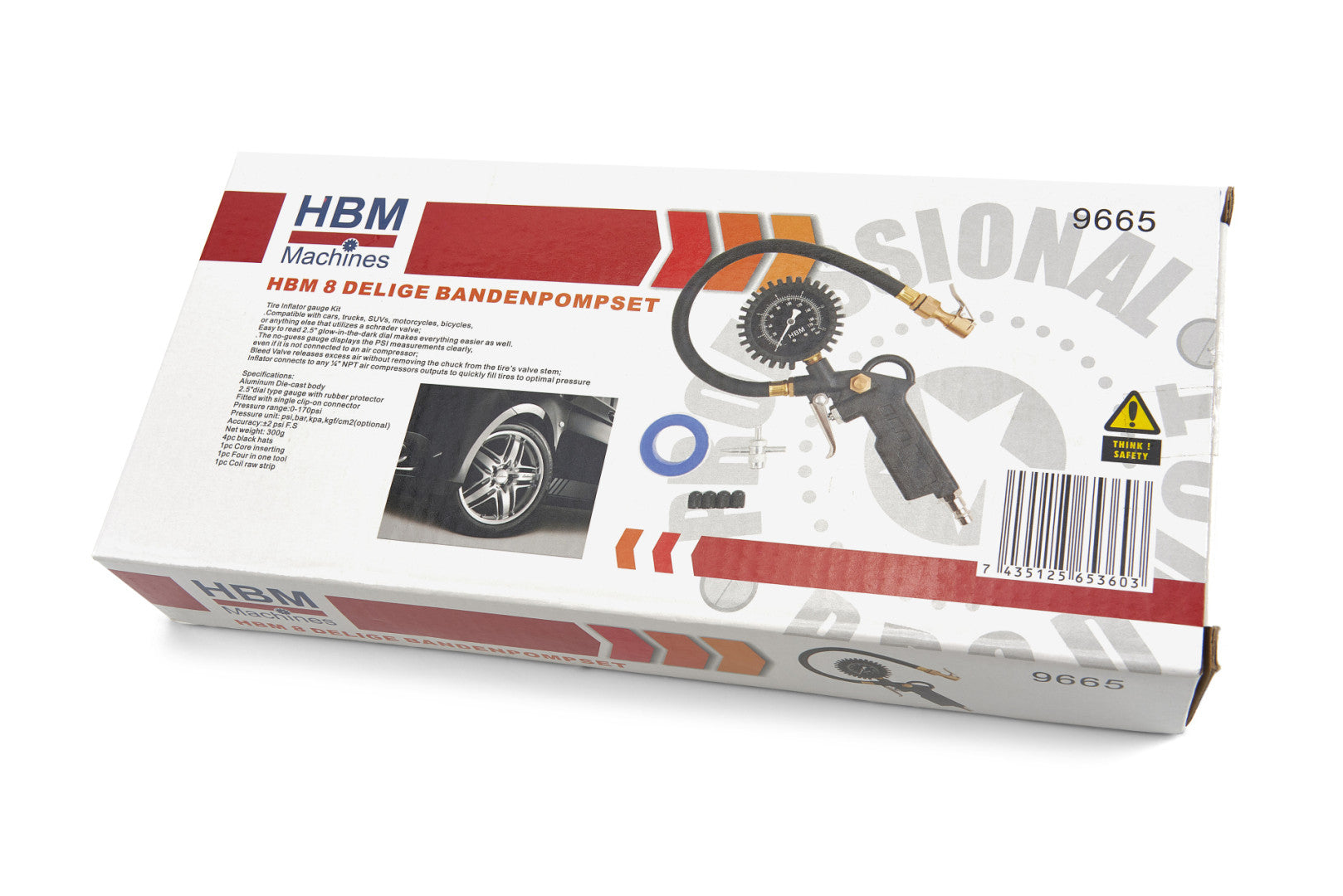 Pištoľ na hustenie pneumatík s manometrom súrava 8 dielov HBM Machines Holandsko