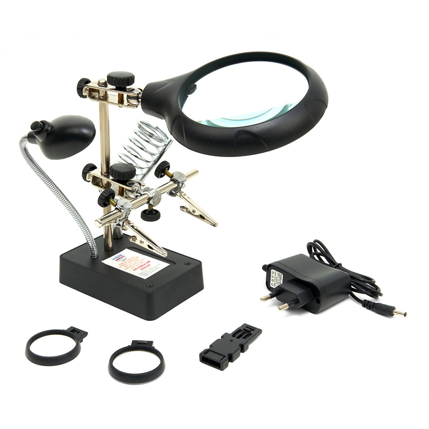 LED pracovná lampa s lupou a kovovými pomocnými ramenami na spájkovanie