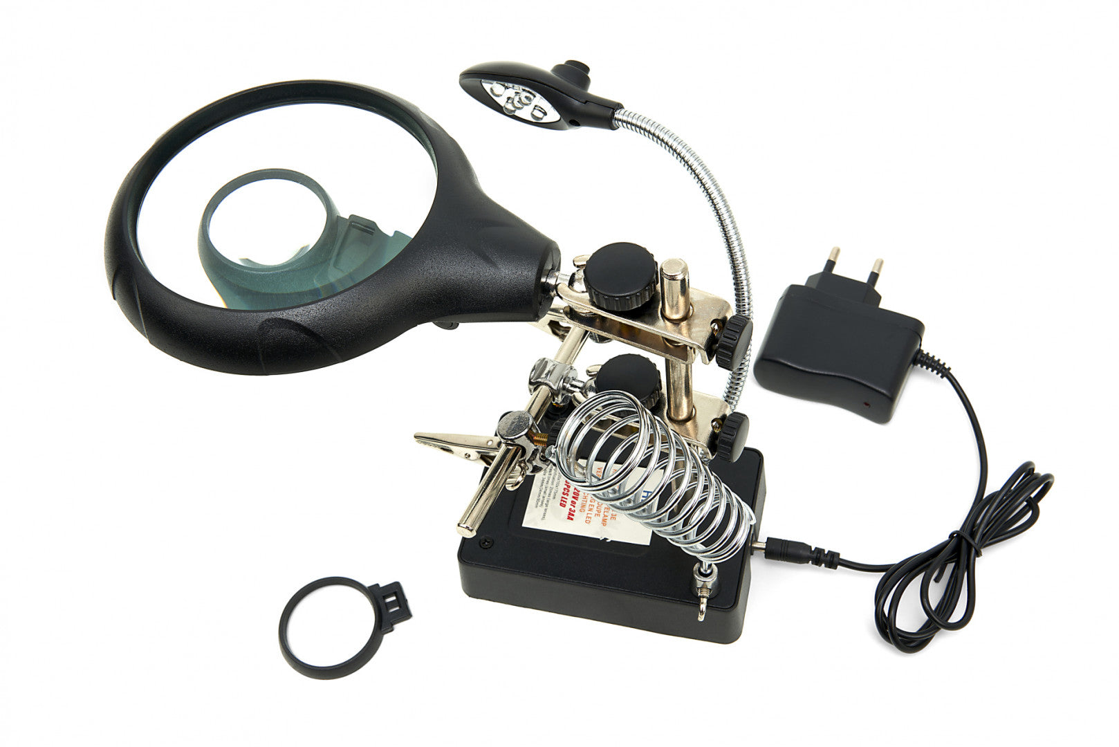 LED pracovná lampa s lupou a kovovými pomocnými ramenami na spájkovanie