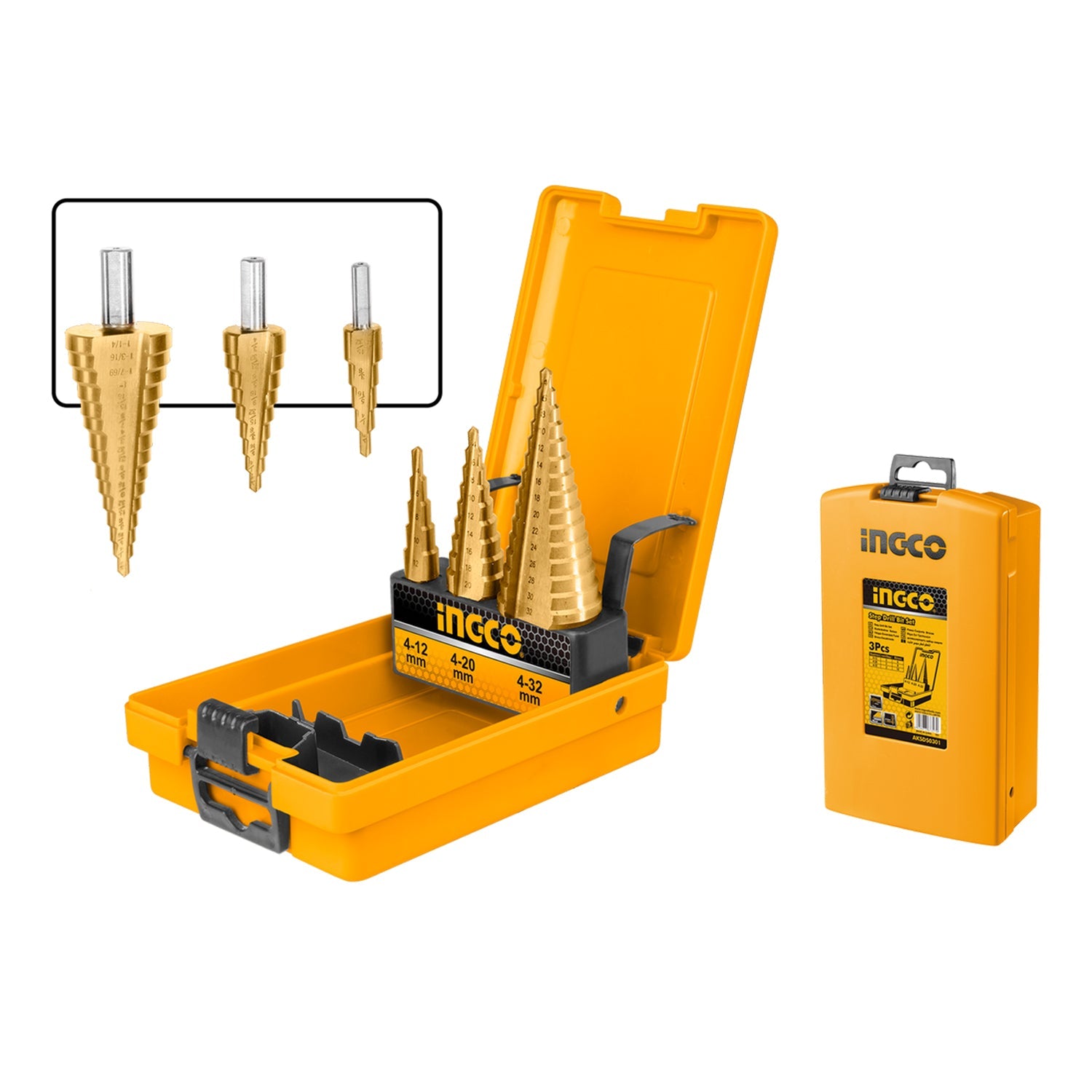 Sada 3 stupňovitých vrtákov 4 - 32mm Ingco