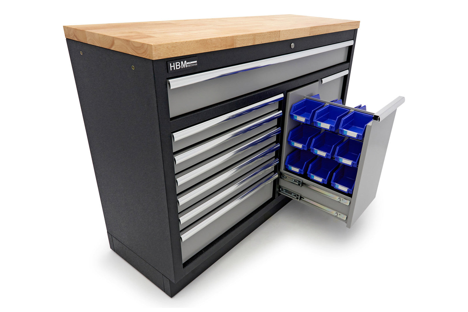 Profesionálny pracovný stôl so skrinkou na náradie, 136cm, 9 zásuviek HBM