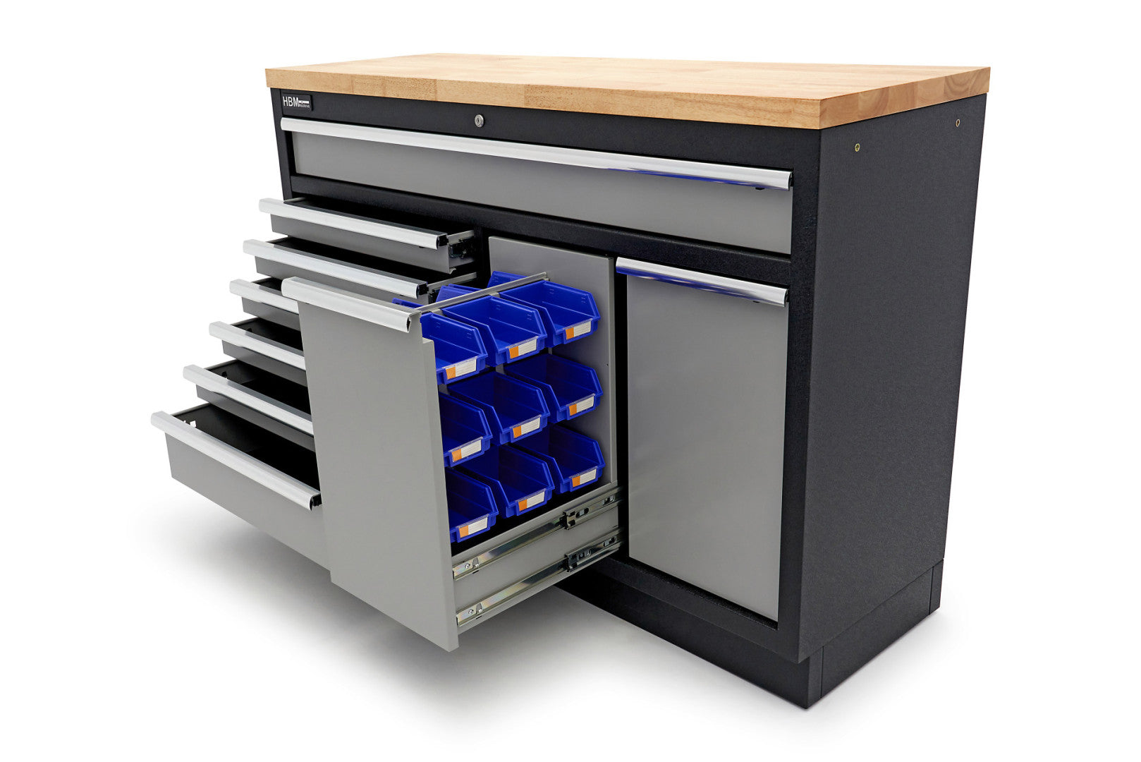 Profesionálny pracovný stôl so skrinkou na náradie, 136cm, 9 zásuviek HBM