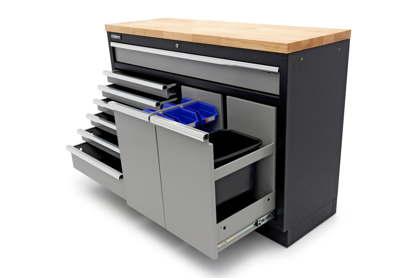 Profesionálny pracovný stôl so skrinkou na náradie, 136cm, 9 zásuviek HBM