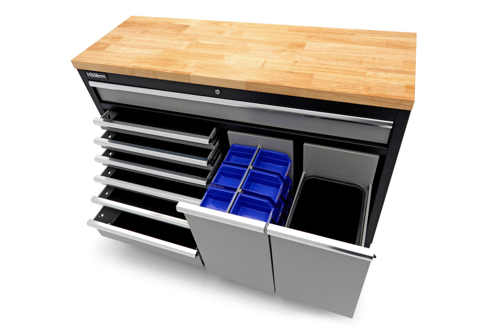 Profesionálny pracovný stôl so skrinkou na náradie, 136cm, 9 zásuviek HBM