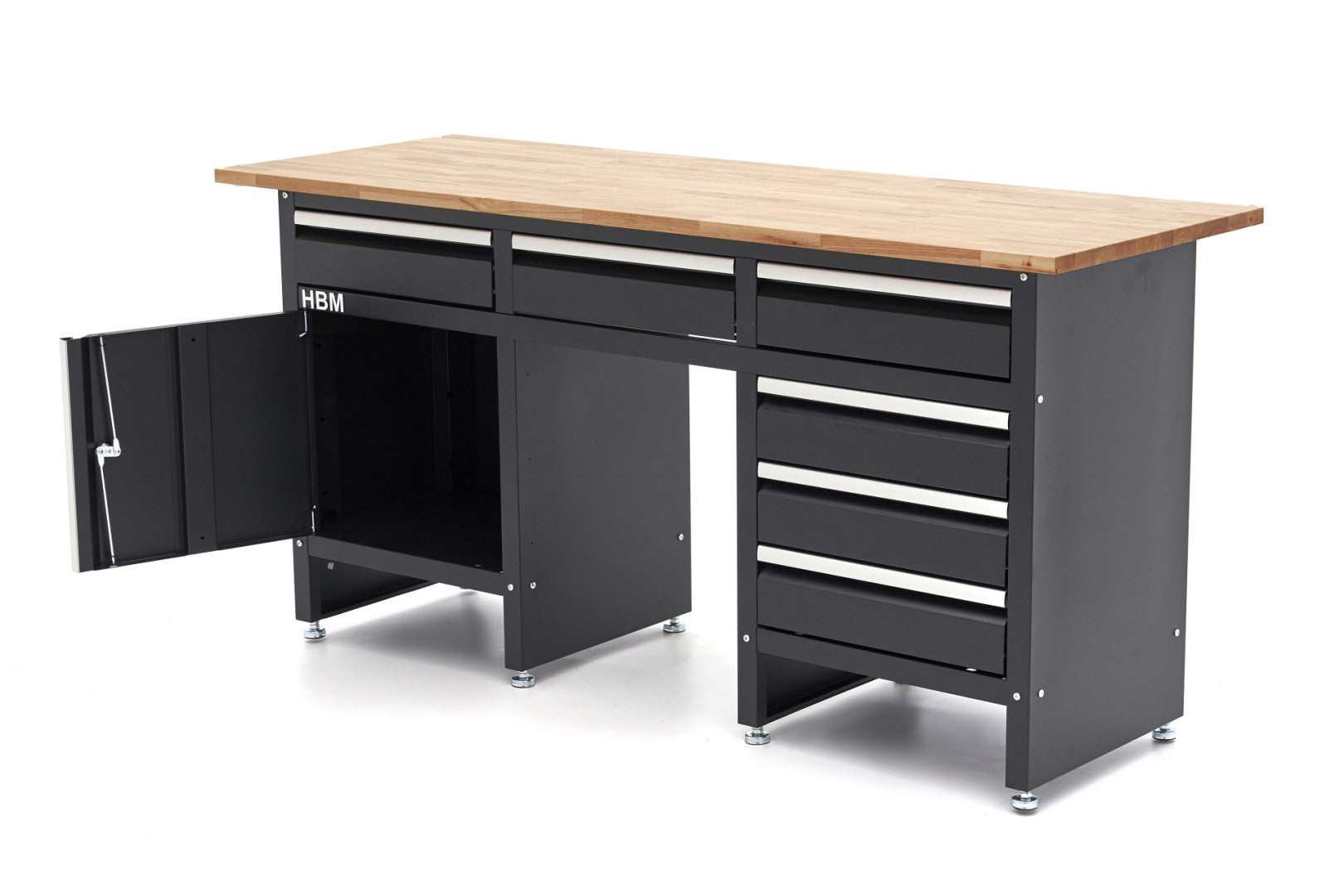 Pracovný stôl do dielne so 6 zásuvkami, 1 dvierkami a drevenou doskou z masívu 171 cm, HBM Machines premium, Holandsko