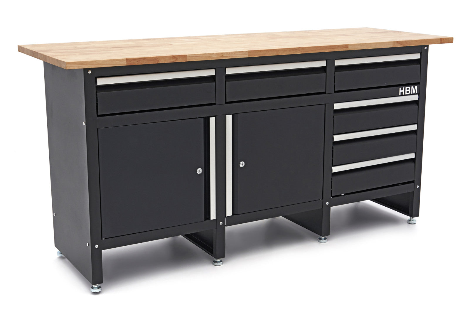 Profesionálna dielenská skrinka na náradie s pracovným stolom - ponk, masívna drevená doska 171cm, 2 dvierka a 6 zásuviek, HBM Machines Holandsko