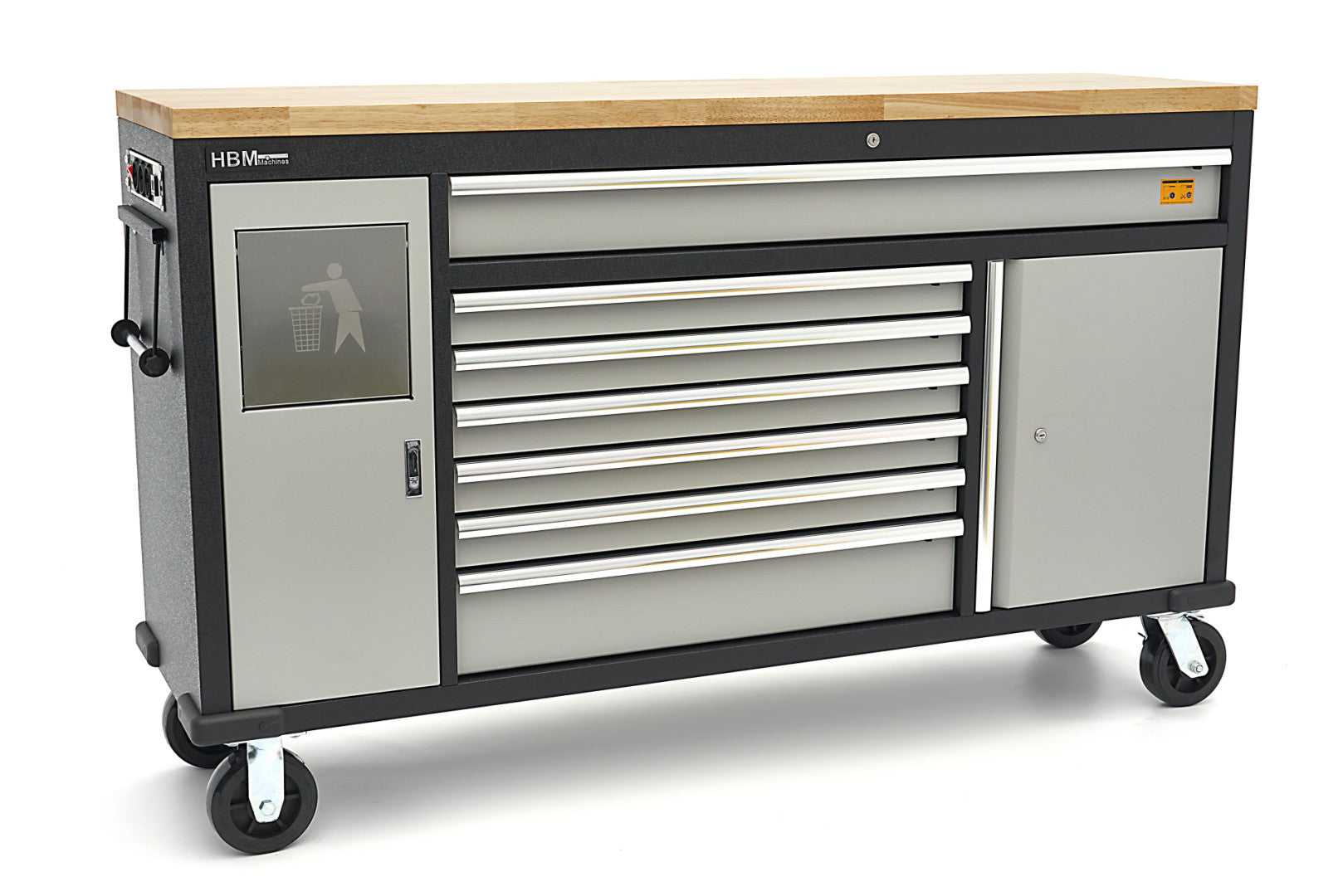 Profesionálny pracovný stôl, pojazdný, s 18 zásuvkami, 168cm, masívna drevená doska, zásuvka 220V / USB, HBM