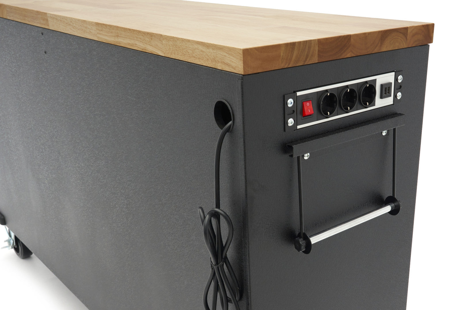 Profesionálny pracovný stôl, pojazdný, s 18 zásuvkami, 168cm, masívna drevená doska, zásuvka 220V / USB, HBM