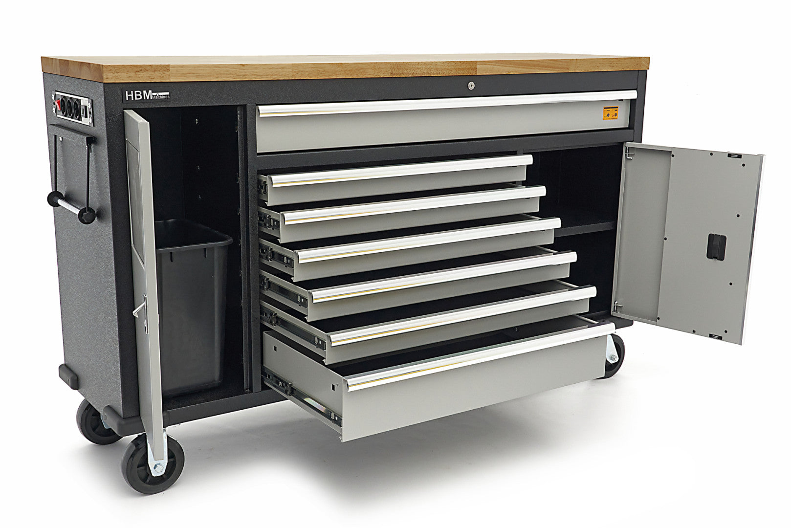 Profesionálny pracovný stôl, pojazdný, s 18 zásuvkami, 168cm, masívna drevená doska, zásuvka 220V / USB, HBM