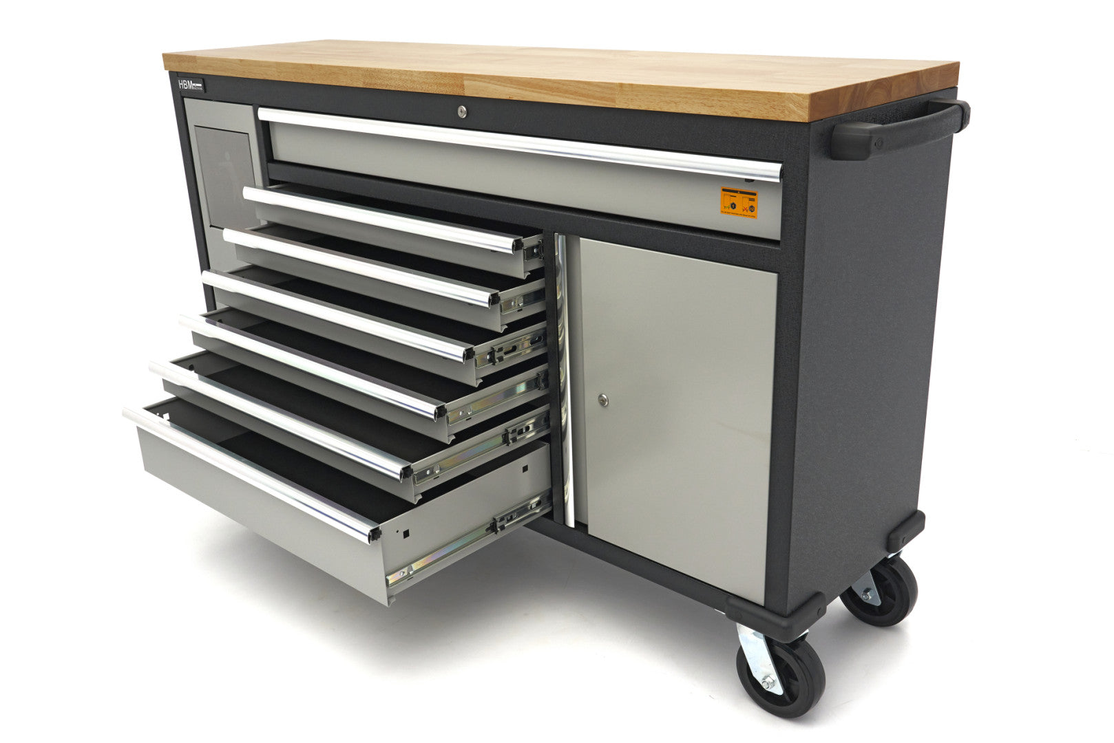 Profesionálny pracovný stôl, pojazdný, s 18 zásuvkami, 168cm, masívna drevená doska, zásuvka 220V / USB, HBM