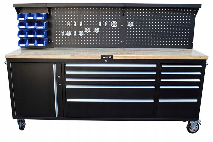 Pracovný stôl mobilný so skrinkou na náradie, 11 zásuviek, profesionálny, s drevenou doskou a panelom 214cm