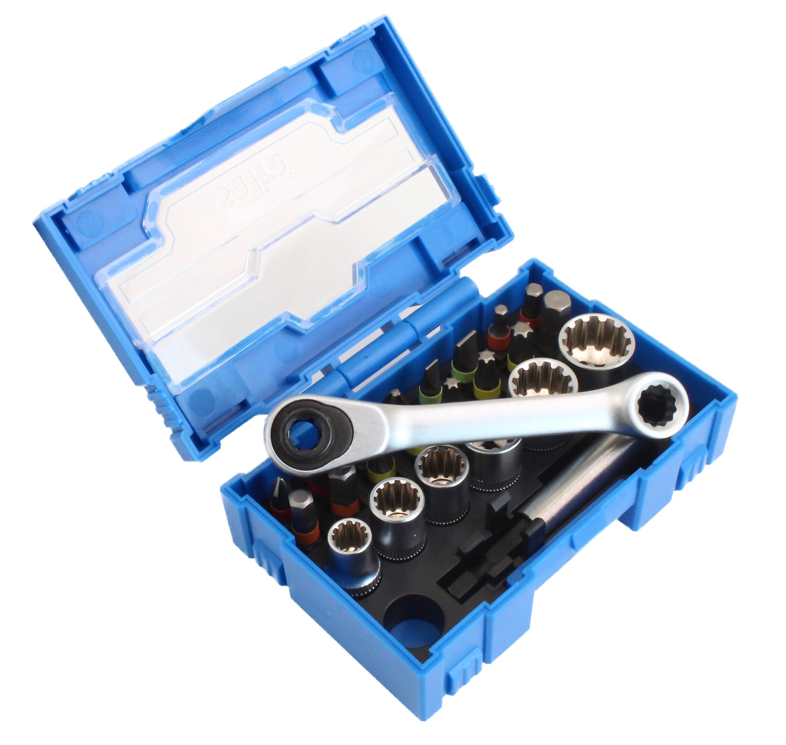 Súprava račňového kľúča 1/4 s nástrčkami vario plus a bitmi, 24 kusov