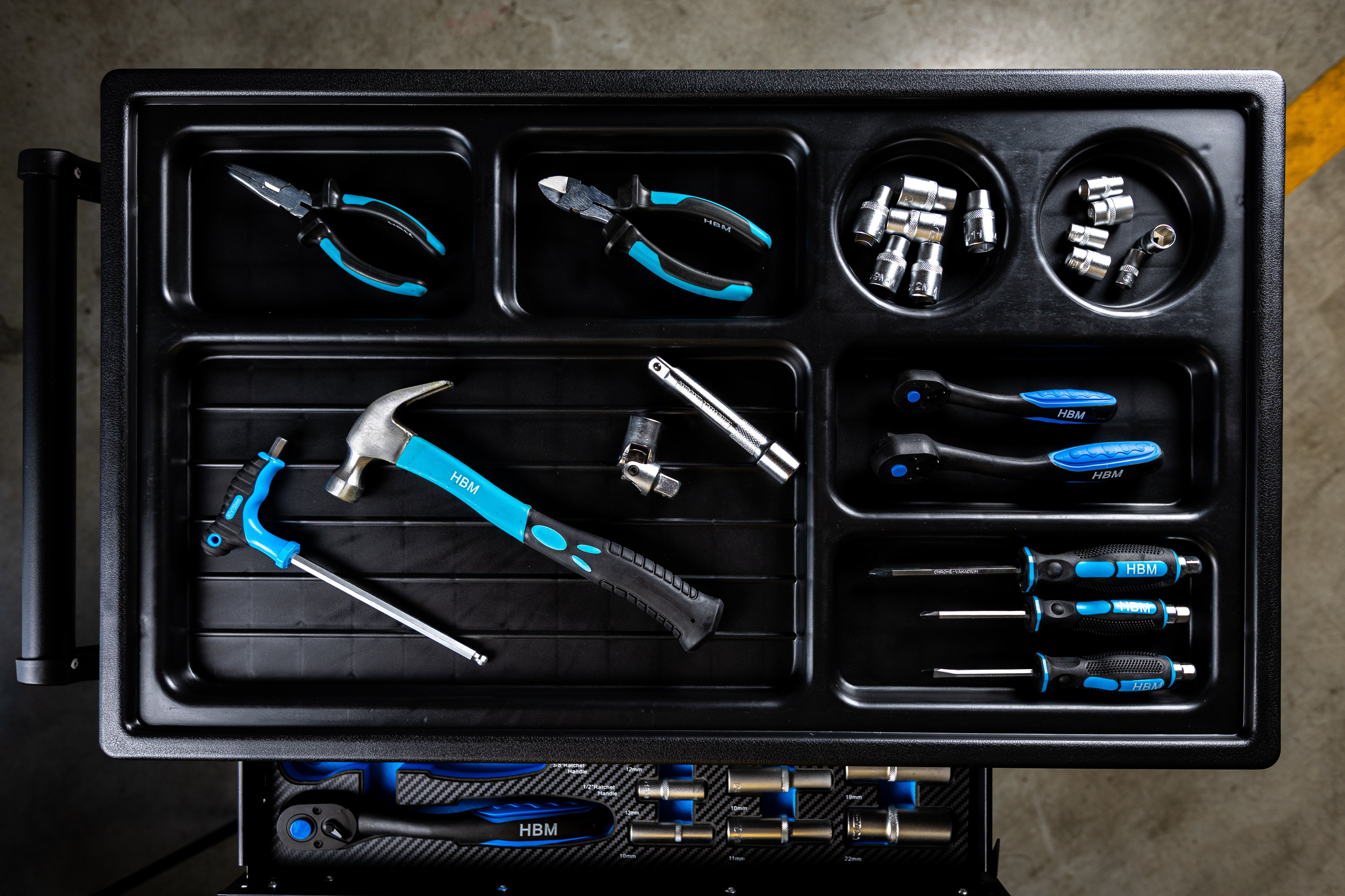 Profesionálna skrinka - dielenský vozík s náradím, so 7 zásuvkami, 245ks náradia, 6 vložiek carbon - HBM Holandsko, premium