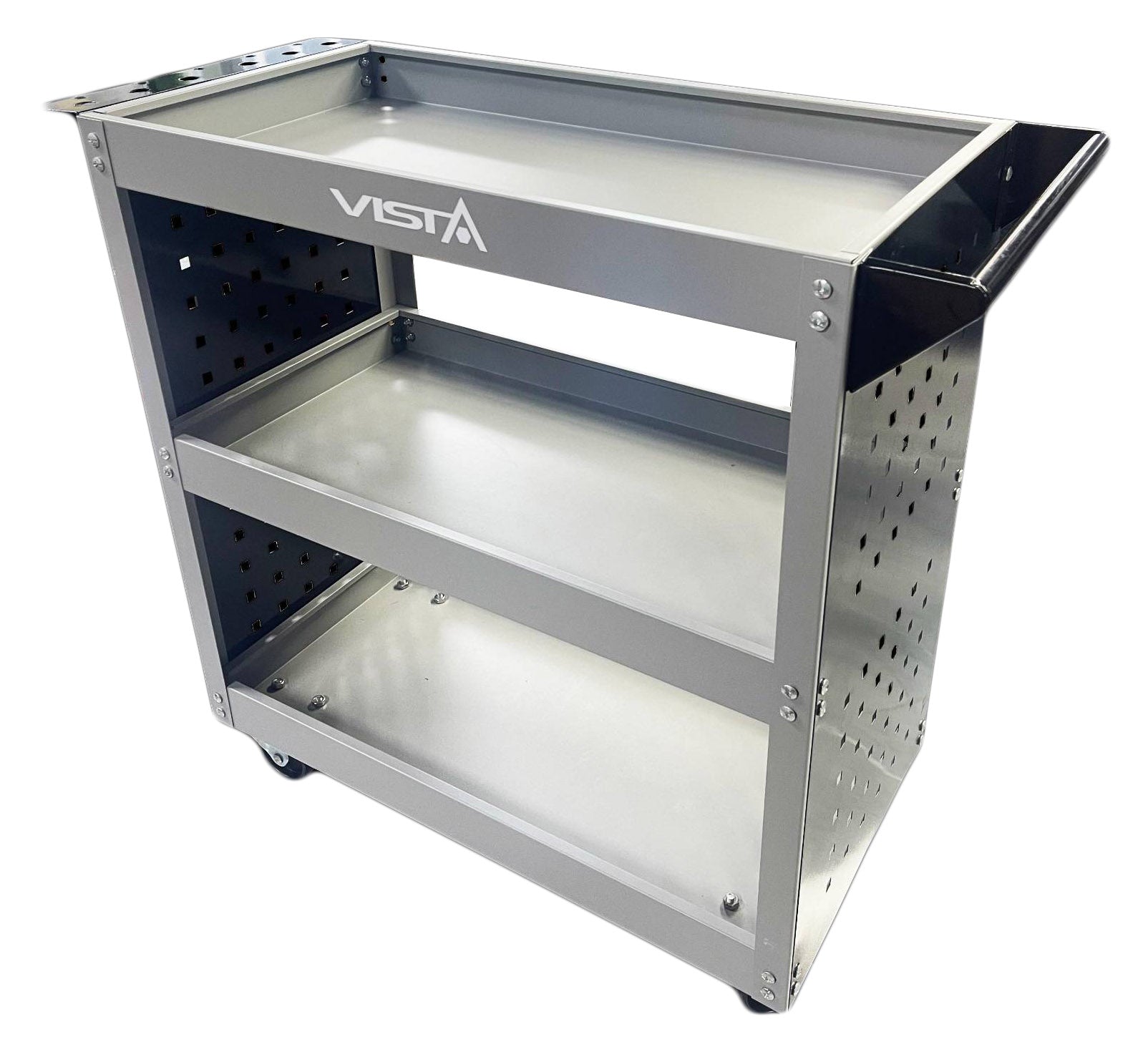 Mobilný montážny vozík s 3 policami, držiakom na skrutkovače a panelom s hákmi