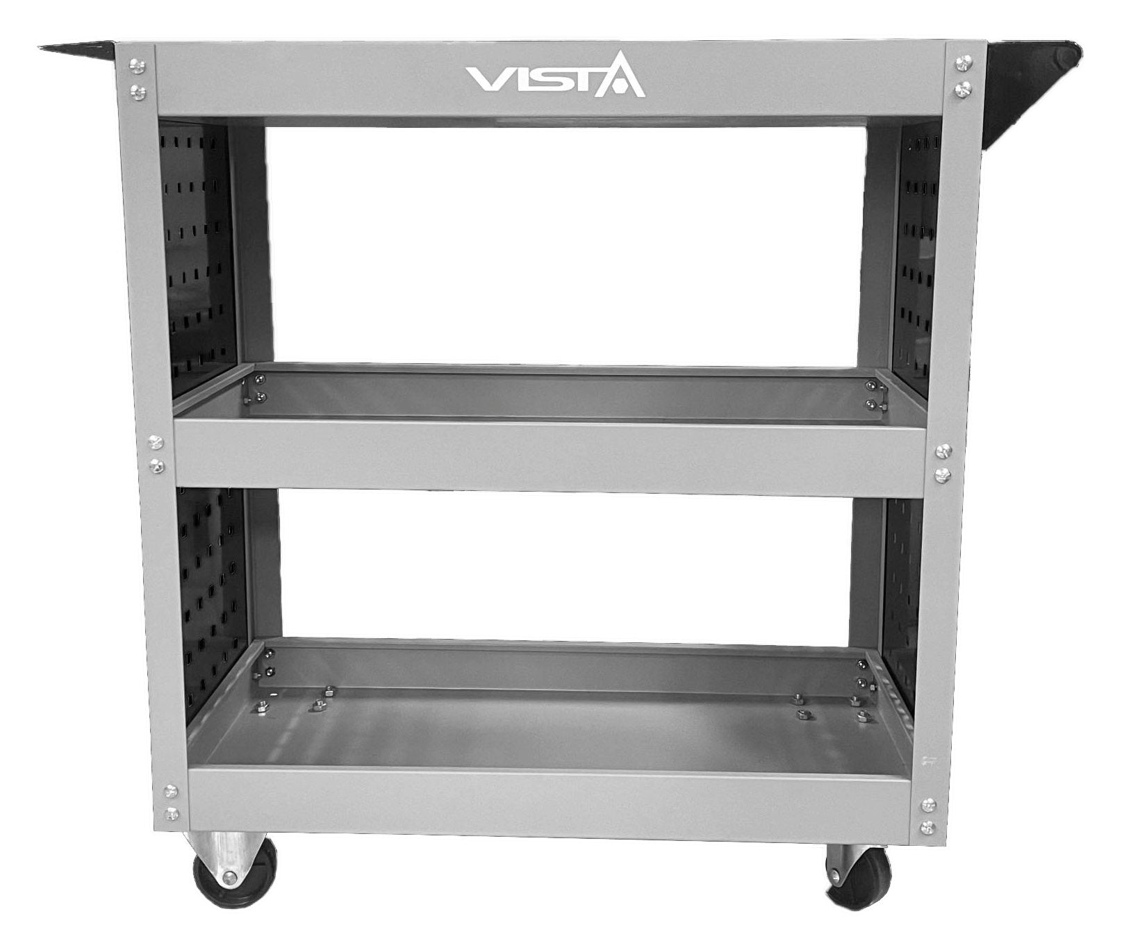 Mobilný montážny vozík s 3 policami, držiakom na skrutkovače a panelom s hákmi