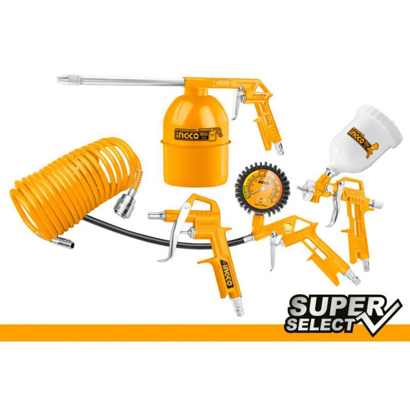 Súprava 5 príslušenstiev ku kompresoru – fúkanie, striekanie, mazanie, manometer na kolesá ingco