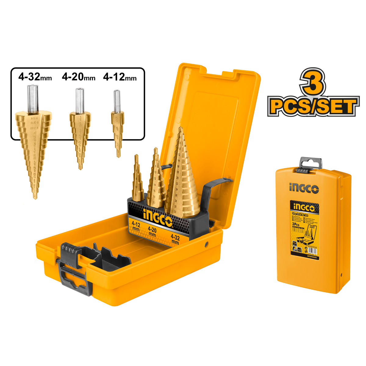Sada 3 stupňovitých vrtákov 4 - 32mm Ingco