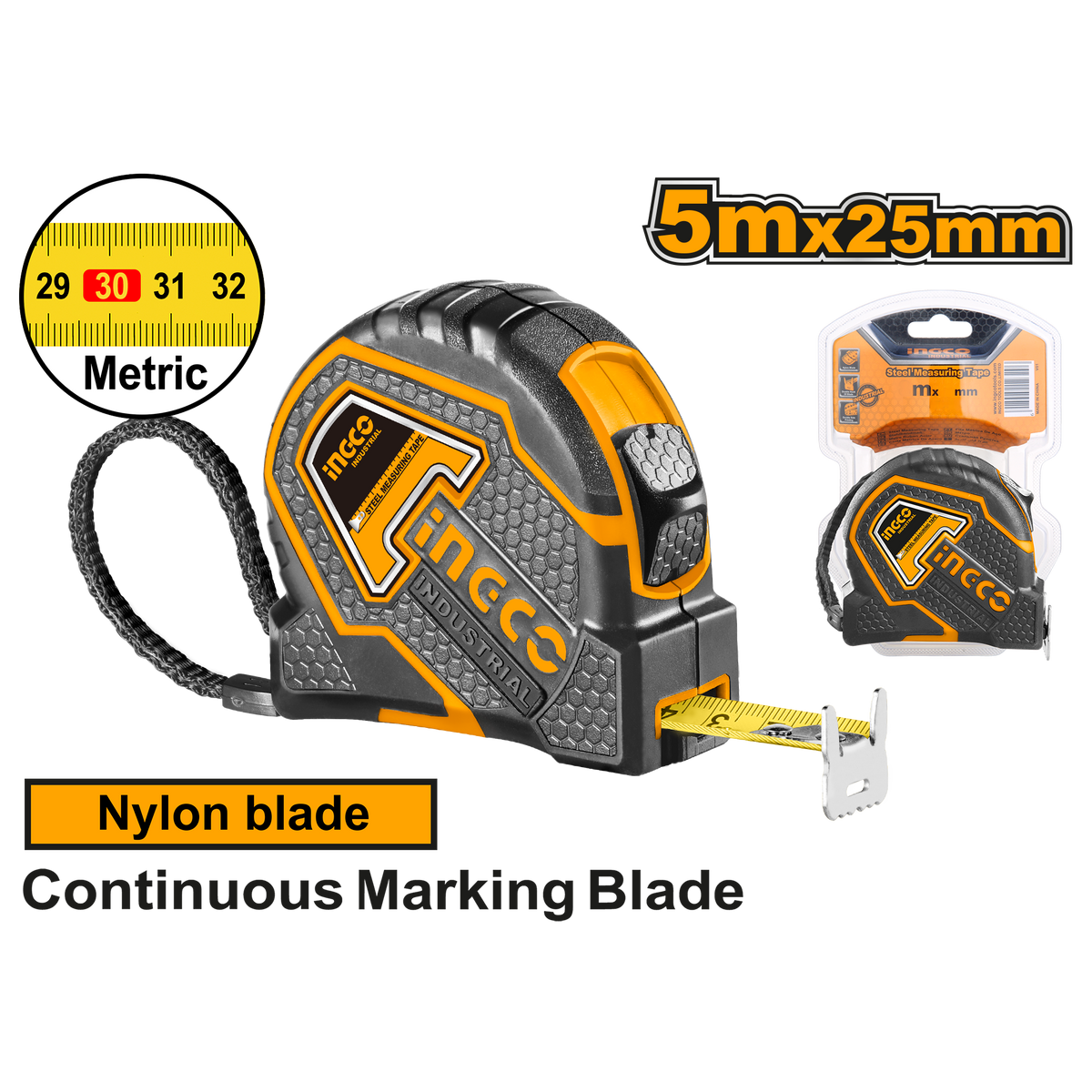 Sťahovacia meracia páska s automatickým zámkom 5 m × 25 mm – Ingco