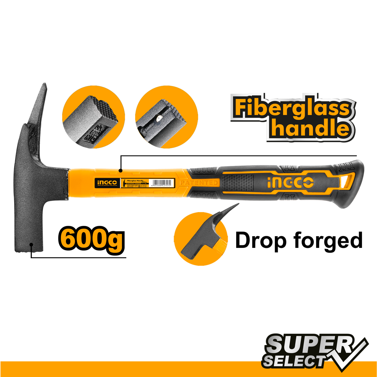 Tesárske kladivo s magnetom a rúčkou z vlákna 600 g ingco