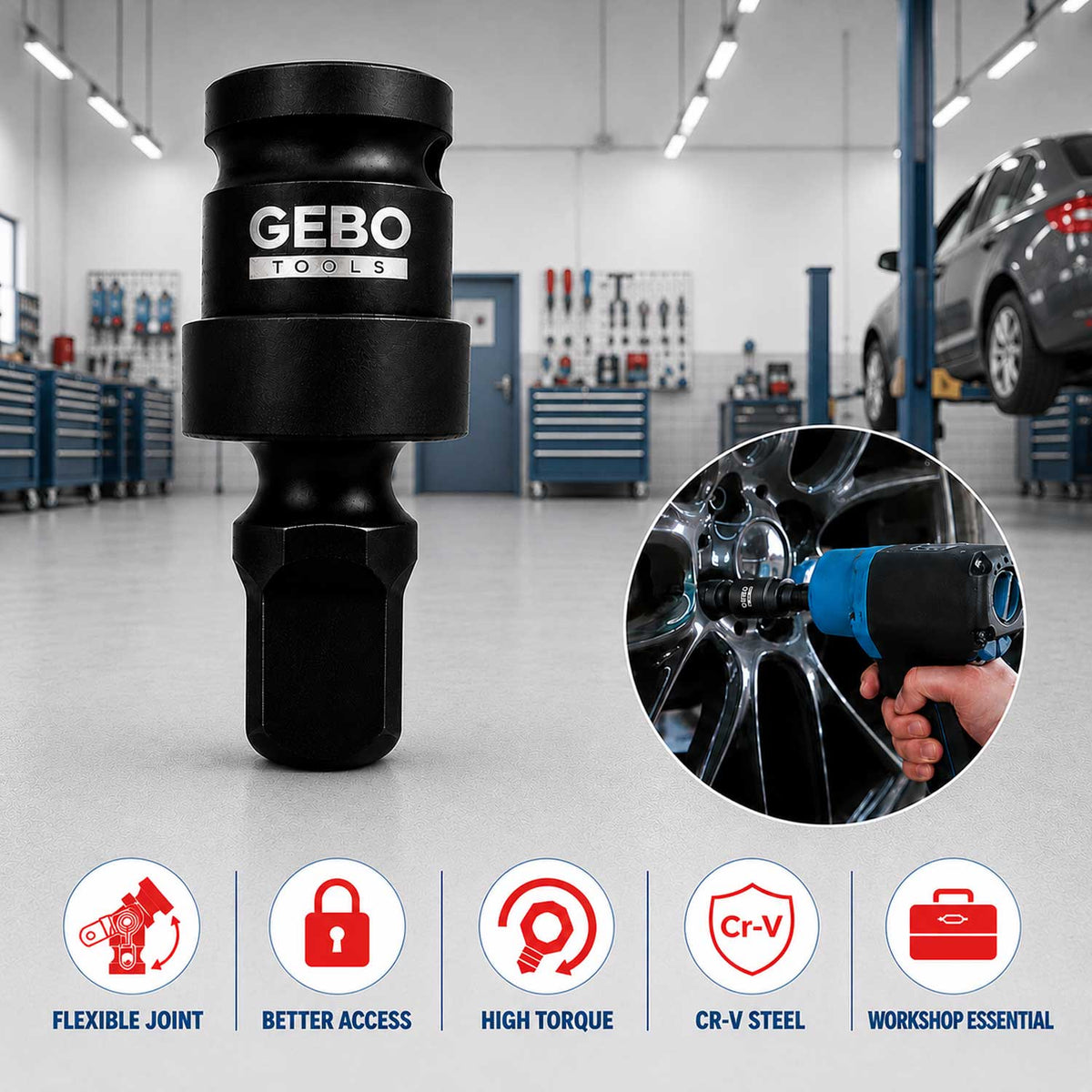 Rázový kardanový kĺb - nadstavec, 1/2'', Gebo Tools