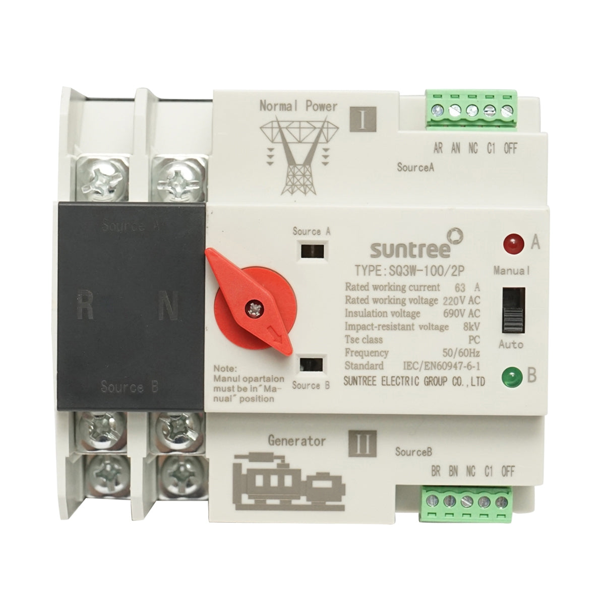 Automatický prepínač napájania z fotovoltaických panelov na sieť, jednofázový ATS 220V, ATS-2P-63A Suntree