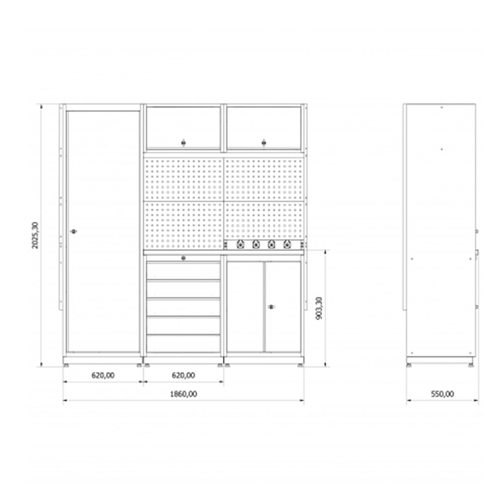 Modulárny kovový nábytok do dielne, zostava s pracovným stolom 1,86m model 2